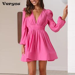 Basic Casual Dresses Elegant Deep V Neck 6 Colour Long Sleeve Autumn In For Women Sexy Pleated ALine Party Mini Dress Vestidos 230904