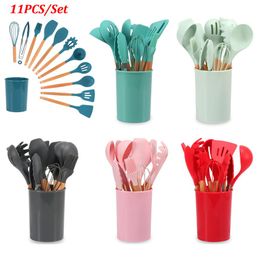 11PCS Silicone Cooking Utensils Set Non-stick Spatula Shovel Wooden Handle Cooking Tools Set With Storage Box Kitchen Tools289a