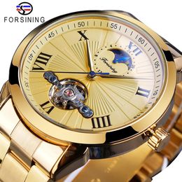 Forsining Golden Men Mechanical Wristwatch 3D Dial Automatic Tourbillon Moonphase Full Steel Big Watches Clock Relogio Masculino302l