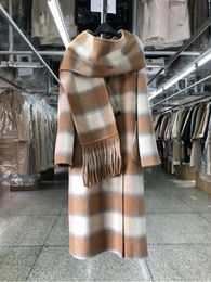 Womens Wool Blends Plaid Scarf Long Woollen Alpaca Coats AutumnWinter Korean Style VNeck Loose Double Breasted Jackets 230905