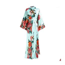 Women'S Sleepwear Satin Long For Female Nightgown V-Neck Kimono Bathrobe Gown Print Flower Negligee Large Size 3Xl 4Xl 5Xl 6Xl1 Drop Dh2A8