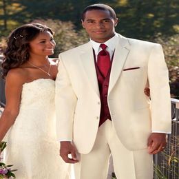 Custom Made Ivory Suit Burgundy Vest Groom Tuxedos Man Notch Lapel Groomsmen Men Wedding Suits Bridegroom Jacket Pants Tie V329v