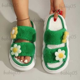 Slippers 2023 Spring Flower Decor Fluffy Fur Slippers Thick Edge EVA Light Shoes for Women Soft Cosy Home Outdoor Non-slip Woman Shoes babiq05