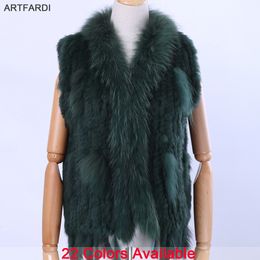 Womens Fur Faux Lady Genuine Real Knitted Rabbit Vests tassels Raccoon Trimming Collar Waistcoat Sleeveless Gilet 230904