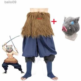 Party Masks Anime Demon Slayer Kimetsu no Yaiba Hashibira Inosuke Cosplay Costume Pig Mask Pants Outfit Set Halloween Carnival Clothes T230905