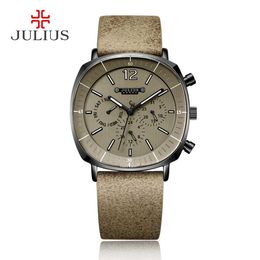 JULIUS Real Chronograph Men's Business Watch 3 Dials Leather Band Square Face Quartz Wristwatch Watch Gift JAH-098302G