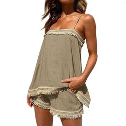 Women's Tracksuits Summer Beach Set Women Sexy Solid Boho Sling Tassel Shorts Sets Ladies Spaghetti Strap Camis Tops And Suit Street Wear