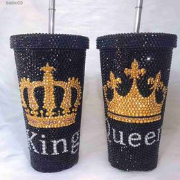 Tumblers Rhinestone King Queen Tumbler Handmade Personalised Water Bottle with Straw 500ml Custom Name Bling Thermos Bottles Gift for Her T230905