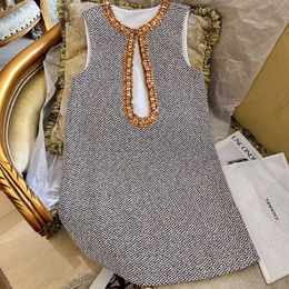 2023 Summer Grey Plaid Dress Sleeveless Round Neck RhinestoneKnee-Length Casual Dresses S3S01M204