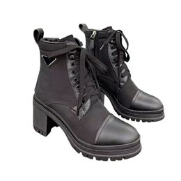 Winter Nylon Boots Designer Monolith Shiny Leather Ankle Combat Boot Platform Wedges Lace Up Tyre Embossed Sole Booties Size 35-41