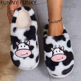 Slippers Cute Cartoon Cow Cotton Slippers Indoor Non-slip Warm Cozy Plush Shoes Fluffy Faux Fur Woman Home Shoes babiq05