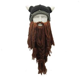 Beanie/Skull Caps Men's Barbarian Vagabond Viking Beard Beanie Horn Hat Handmade Winter Warm Birthday Funny Gag Halloween Cap Christmas Gifts 230905