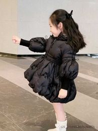 Down Coat Fashion Baby Girls Winter Jacket Cotton Padded Toddler Teens Hooded Long Coat Kids Black Flower Thick Child Outerwear R230905