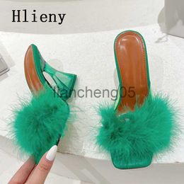 Slippers Hlieny Sexy Strange Transparent Heels Slippers Fashion Green Fur Feather Summer Sandal Peep Toe Slip-On Clear Shoes Women Slides X0905