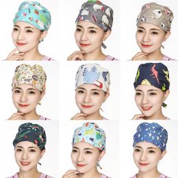 Whole Cotton Scrub Hats Printed Bandage Adjustable Scrub Cap Operation Caps Washable Working Caps Bonnets for Women301G