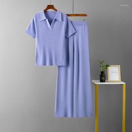 Women's Two Piece Pants Polo Collar Pullover Short Sleeved Top Slim And Versatile Solid Color Wide Leg Knitted Fashion Set For Women 2023