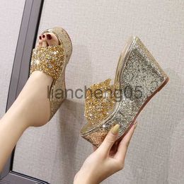 Slippers rhinestone gold silver Sequine Platform Slippers Women Wedge Slides Slippers Summer Beac Casual Mules Heels Sandals X0905