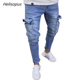 Helisopus Fashion Men Jeans Tactical Cargo Pants Multi Pockets Pencil Pants Straight Zipper Cut Denim Trousers199A