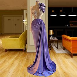 Purple Velvet Mermaid Evening Dresses Flower Ruffles Crystal Beading Prom Dress Glitter Sequins Formal Gowns