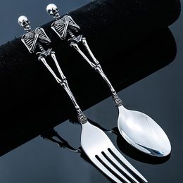Titanium Steel Skeleton Skull Fork Spoon Tableware Vintage Dinner Table Flatware Cutlery Set Metal Crafts Halloween Party Gifts T22886
