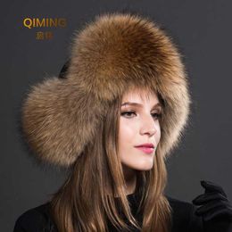 Women Natural Raccoon Fur Caps Russian Ushanka Hats Winter Thick Warm Ears Fashion Bomber Hat Lady Genuine Real Fur Cap287A