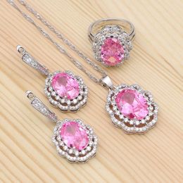 Wedding Jewelry Sets 925 Silver Bridal For Women Accessories Pink Cubic Zirconia White Crystal Pendant Necklace Ring Earrings