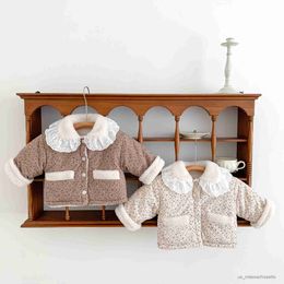 Down Coat Kids Retro Floral Hollow Out Lapel Thickened Cardigan Girl Warm Pocket Jacket Infant Boys New Fleece Coat R230905