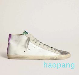 High top small dirty shoes designer luxury top version Italian handmade White women sneakers with purple glitter star