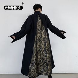 Men's Trench Coats Men Vintage Pattern Splice Loose Casual Long Jacket Coat Male Japan Streetwear Hip Hop Gothic Kimono Overcoat Cardigan 230904