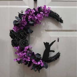 Other Event Party Supplies Curved Moon Black Cat Flower Wreath Door Wall Hanging Pendant Halloween Simulation Plant Vine Ring Garland Home Decoration 230905