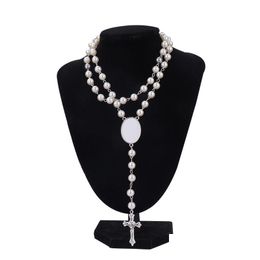 Sublimation Blanks Wholesale Layered Choker Necklace Pearl Cross Women Pendant Long Rosary Bead Chain Jesus Catholic Crucifix Blank Dhaix