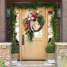 Wreaths & Garlands Farmhouse Pink Hydrangea Wreath Rustic Home Decor Artificial Garland for Front Door Wall Decor NEWEST Q0812250W