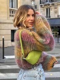 Womens Sweaters Colourful Crochet Knitted Oneck Crop Top Pullover Women Lantern Sleeve Vintage Short Autumn Winter Casual Knitwear 230904