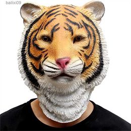 Party Masks Novelty Halloween Costume Party Animal Jurassic Head Mask Realistic Tiger Latex Mask Mischief Props T230905