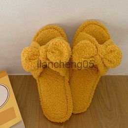 Slippers Cute Bow Knot Kaii fuzzy fur Slippers Women Autumn winter 2023 Home Warm Plush Furry Fashion Slides House Shoes Flip Flops X0905