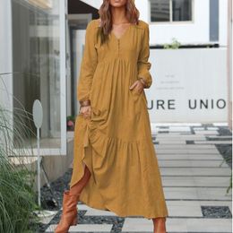 Basic Casual Dresses Autumn European And American Womens Dress Button Cotton Linen Retro Longsleeved 230904