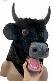 Party Masks Halloween Mask Realistic Mouth Mover Cow - Creepy Moving Bull Fursuit Animal Head Rubber Latex Masque -Up Costume Party Cosplay T230905