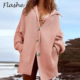 Womens Sweaters Autumn Winter Knitted Sweater Cardigan Women Loose Full Sleeves Fashion Turn Down Collar Oversized 230904