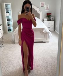 Sexy Fuchsia Sheath Prom Dresses Long for Women Off Shoulder High Side Split Pleats Draped Party Dress Formal Birthday Pageant Celebrity Evening Gowns