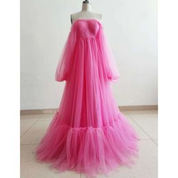 Hot Pink Tulle Maternity Robe / Lace Up Back Ruffle Tulle Dress Foto Shoot Dress / Baby Shower Dresses / Anpassade storlekar / färger