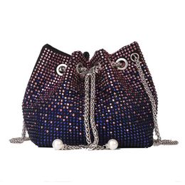 Evening Bags Diamonds Bucket Bag Chain Shoulder Bags for Women Luxury Designer Shiny Handbag Silver Crystal Rhinestones Purses And Handbags J230905