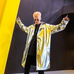 Men's Trench Coats Performance Long Coat Men Shiny Night Club Stage Dance Cloak Cape Sleeve Capote Masculino Gold Silver XXL 230904