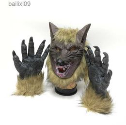 Party Masks Creepy Wolf Costume Halloween Cosplay Wolf Mask Werewolf Claws Set Gloves Terror Devil Fancy Headdress Prank Props Wolf Headgear T230905