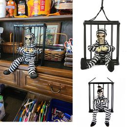 Other Event Party Supplies Halloween Scary Toys Caged Skeleton Prisoner Hanging Flashing Light Sound Skeleton Toy Ghost for Halloween Haunted House Decor. 230905