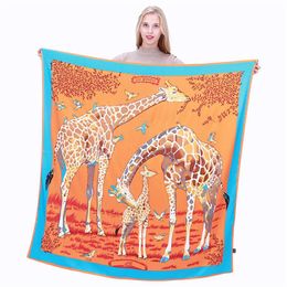 New Twill Silk Scarf Women Animal Giraffe Printing Square Scarves Fashion Wrap Female Foulard Large Hijab Shawl Neckerchief 130 132862