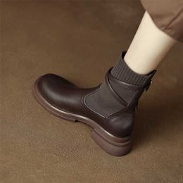 Women Boots Juxian Slim~round Head Socks and Boots Women's New Brown Thick Sole Heel Short 230830