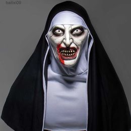 Party Masks Creppy Nun Mask Cosplay Horror Latex Masks With Headscarf Full Face Helmet Halloween Dress Up Masquerade Party Costume Props T230905