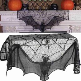 Party Decoration Halloween Bat Table Runner Black Spider Web Lace Tablecloth Fireplace Curtain for Halloween Party Home Decoration Horror Props x0905