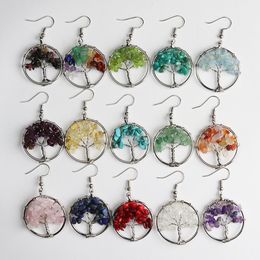 30mm Chip stone Tree of life charms Earrings Fluorite Lapis Amethyst Rose Quartz Natural Stone Pendant Crystal earrings jewelry