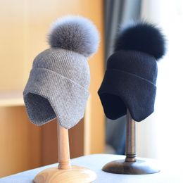 BeanieSkull Caps Fashion Thick Warm Ear Cap For Women Autumn Winter Rabbit Fur Knitted Beanies Hat With Detachable Real Pom Poms 230904